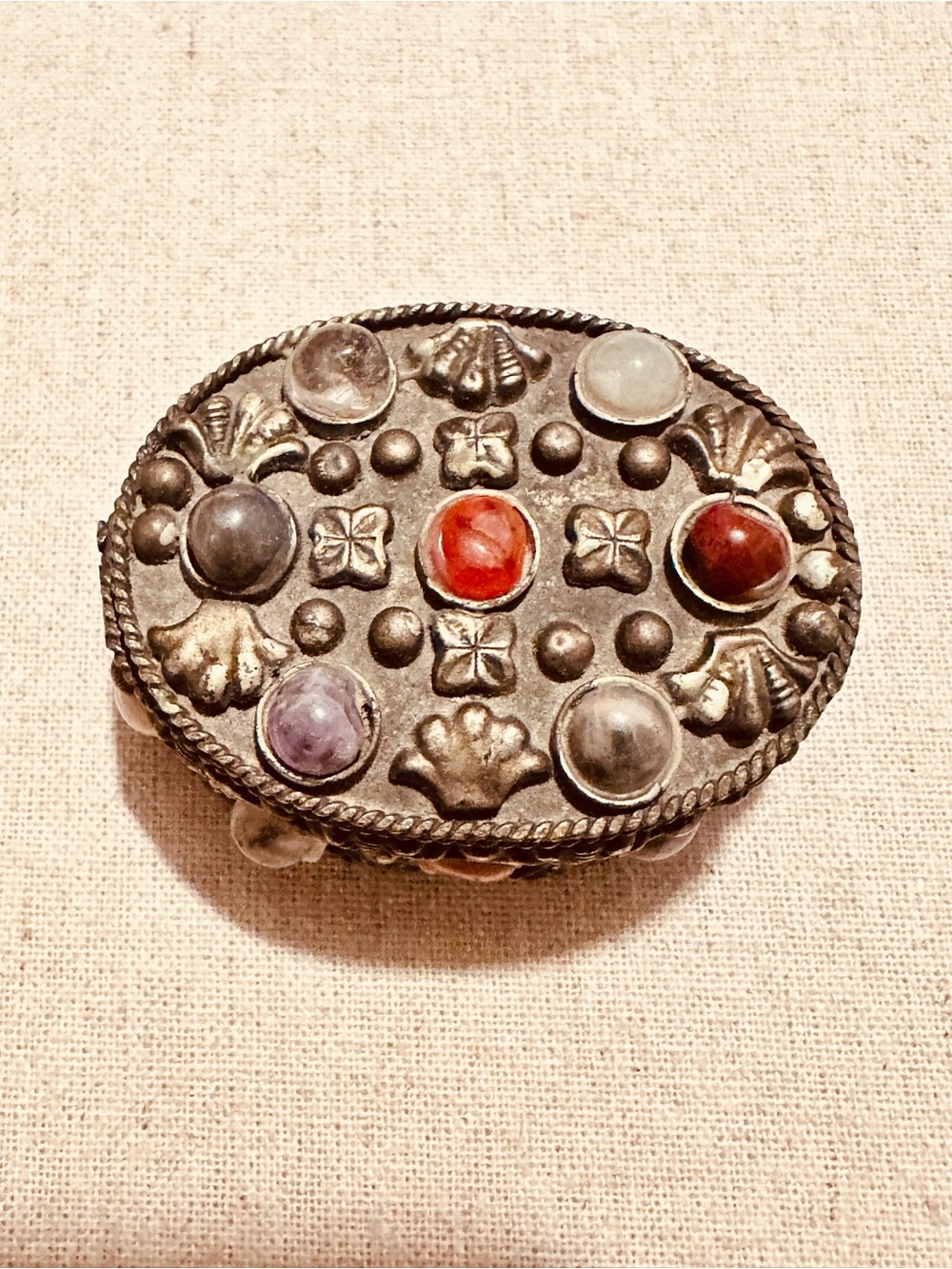 Handcrafted Multistone Silver-Tone Oval Jewelry Box